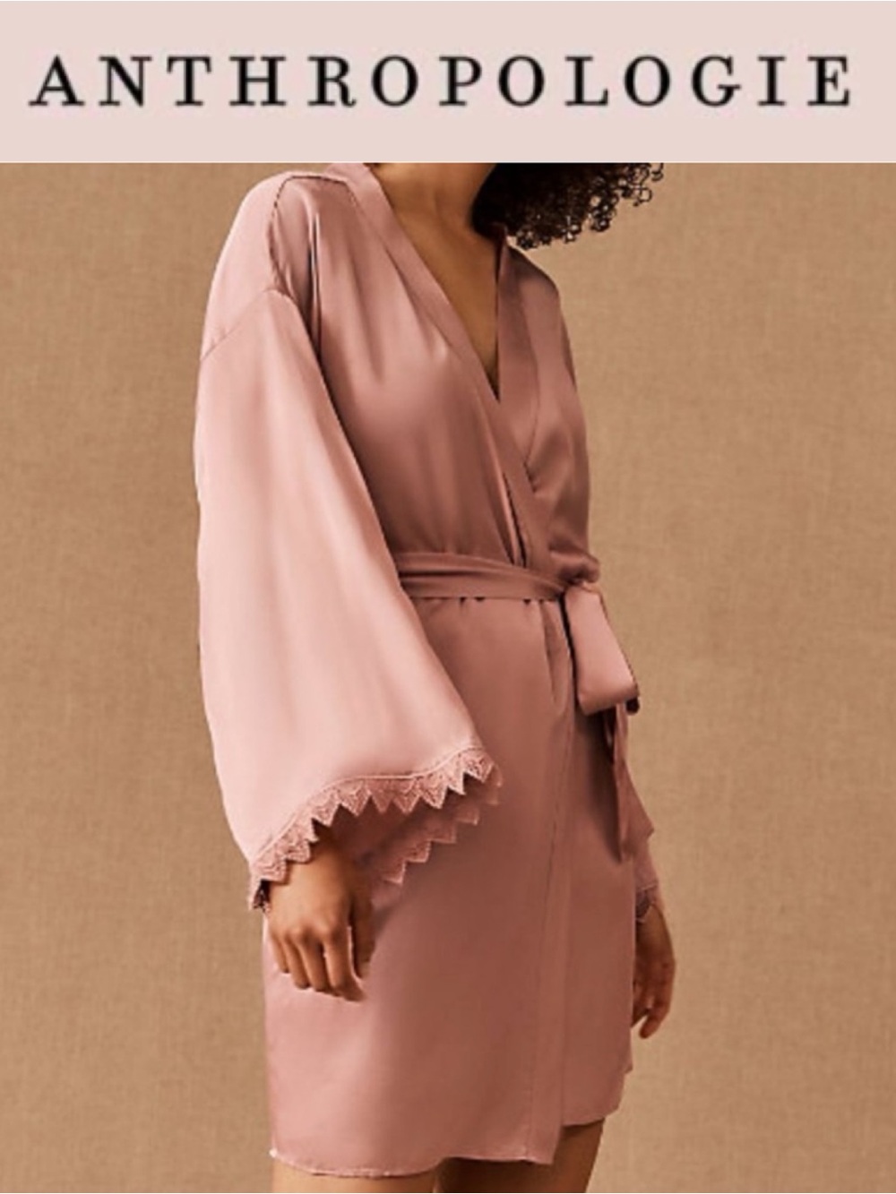BHLDN ANTHROPOLOGIE MATINE DUSTY ROSE SILKY LONG SLEEVE LACE TRIMMED ROBE